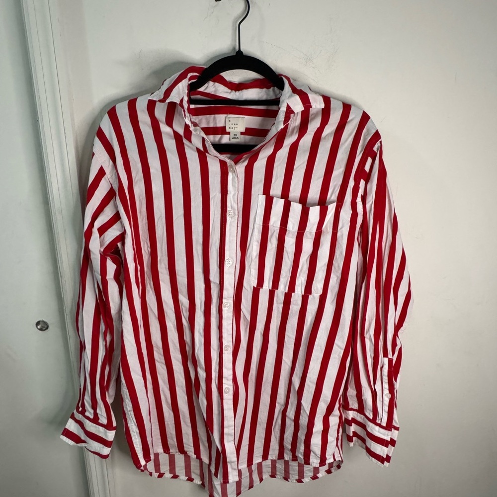 A New Day Red and White Striped Button Down Shirt, size XS - Picture 2 of 8